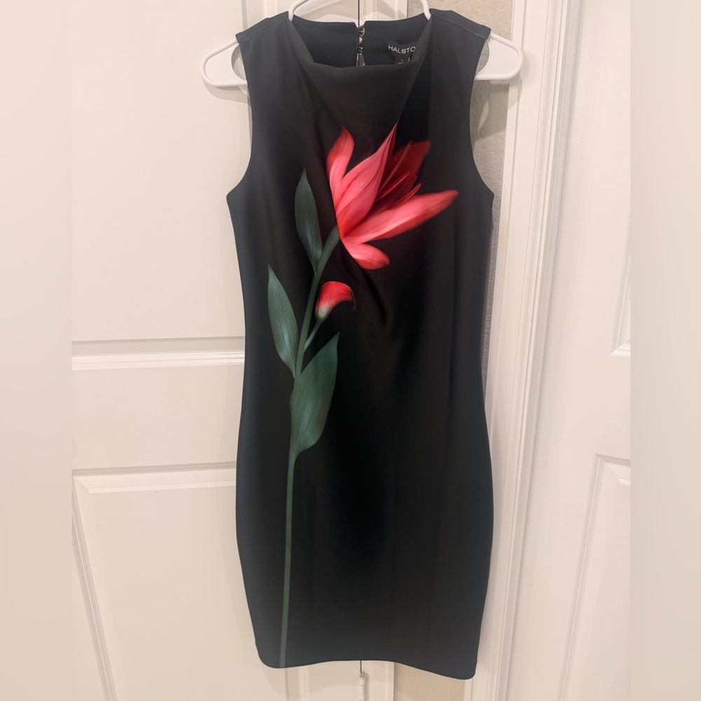 Halston Heritage Black Midi Dress with Pink Floral Print